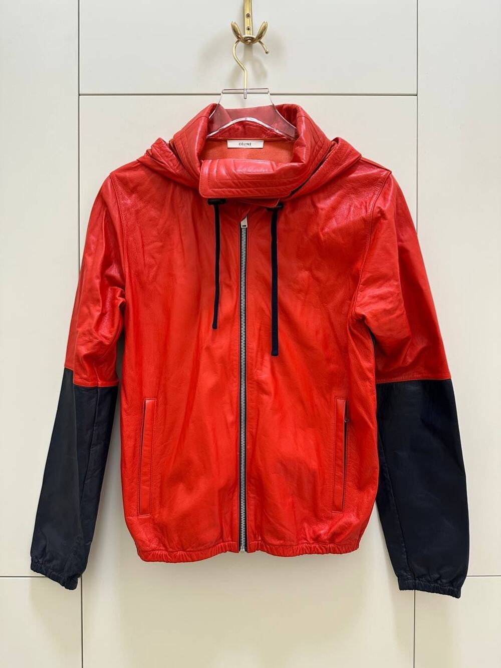 Celine Red & Navy Leather Color Block Hooded Jacket Sz.38